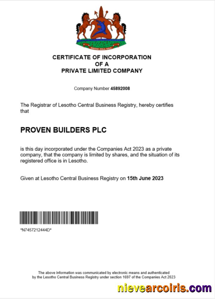 Lesotho company registration certificate